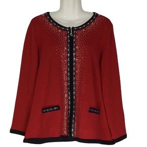 EUC C.D. Daniels 1X U-Neck Full Zip Long Sleeve Red Cardigan with Jewel Detail
